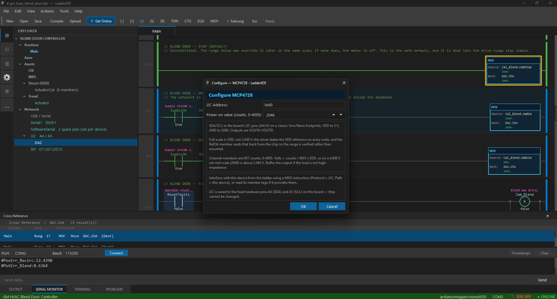 The MCP4728 device dialog beside three MOV instructions writing its DAC.ChA member, each showing the live value the board reports.