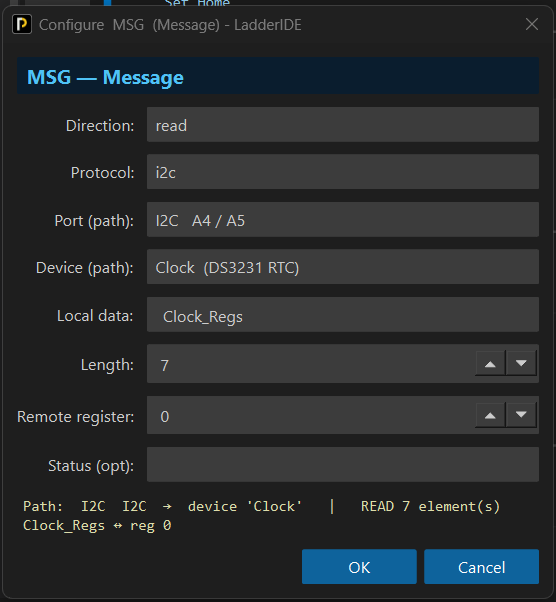 Figure 1 — The MSG dialog for the clock read: read, i2c, port I2C, device Clock, local Clock_Regs, length 7, register 0