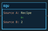 EQU instruction block: Source A Recipe reading 0, Source B literal 2, dark because 0 is not 2