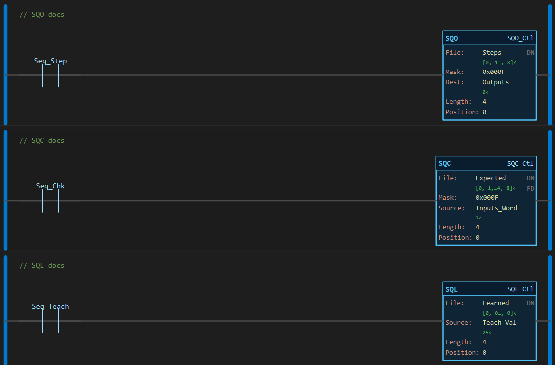 Figure 1 — SQO, SQC and SQL rungs false: SQL File Learned all 0, Source Teach_Val 25, Length 4, Position 0