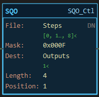 SQO instruction block: File Steps, Mask 0x000F, Dest Outputs, Length 4, Position, with DN indicator